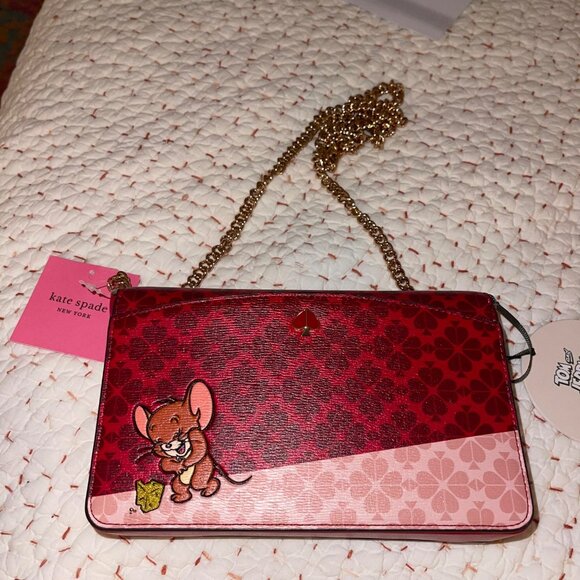 Kate Spade Tom And Jerry Womens Crossbody Bag Red Chainlink Purse Leather New - Picture 2 of 13